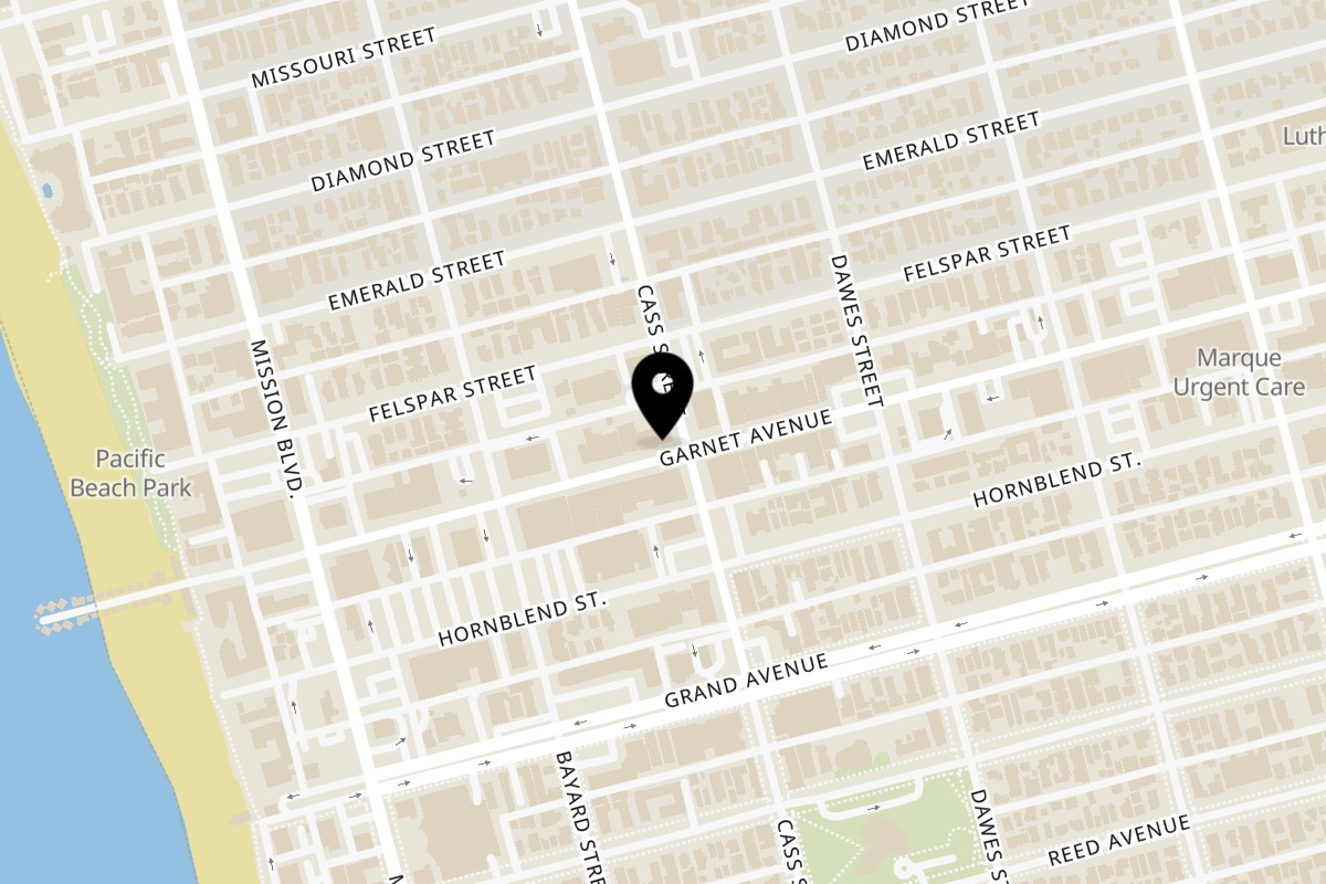 Map showing the location of Campus Burgers San Diego on 978 Garnet Ave in San Diego