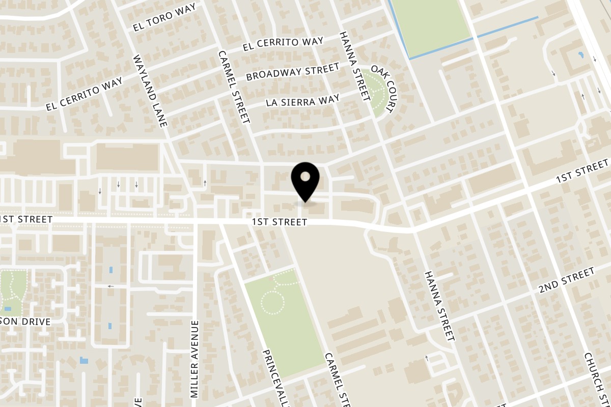 Map showing the location of Campus Burgers Gilroy on 565 1st St in Gilroy