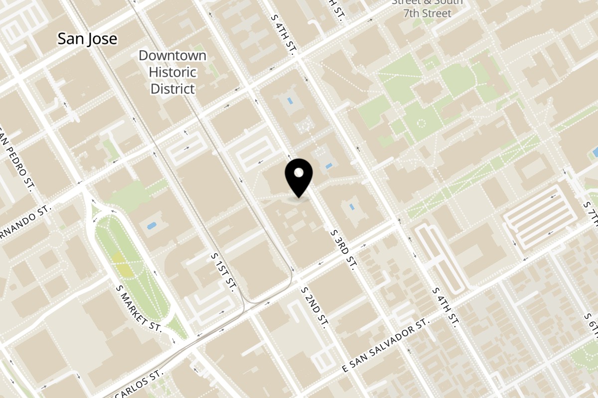 Map showing the location of Campus Burgers Paseo de San Antonio on 108 Paseo de San Antonio in San Jose