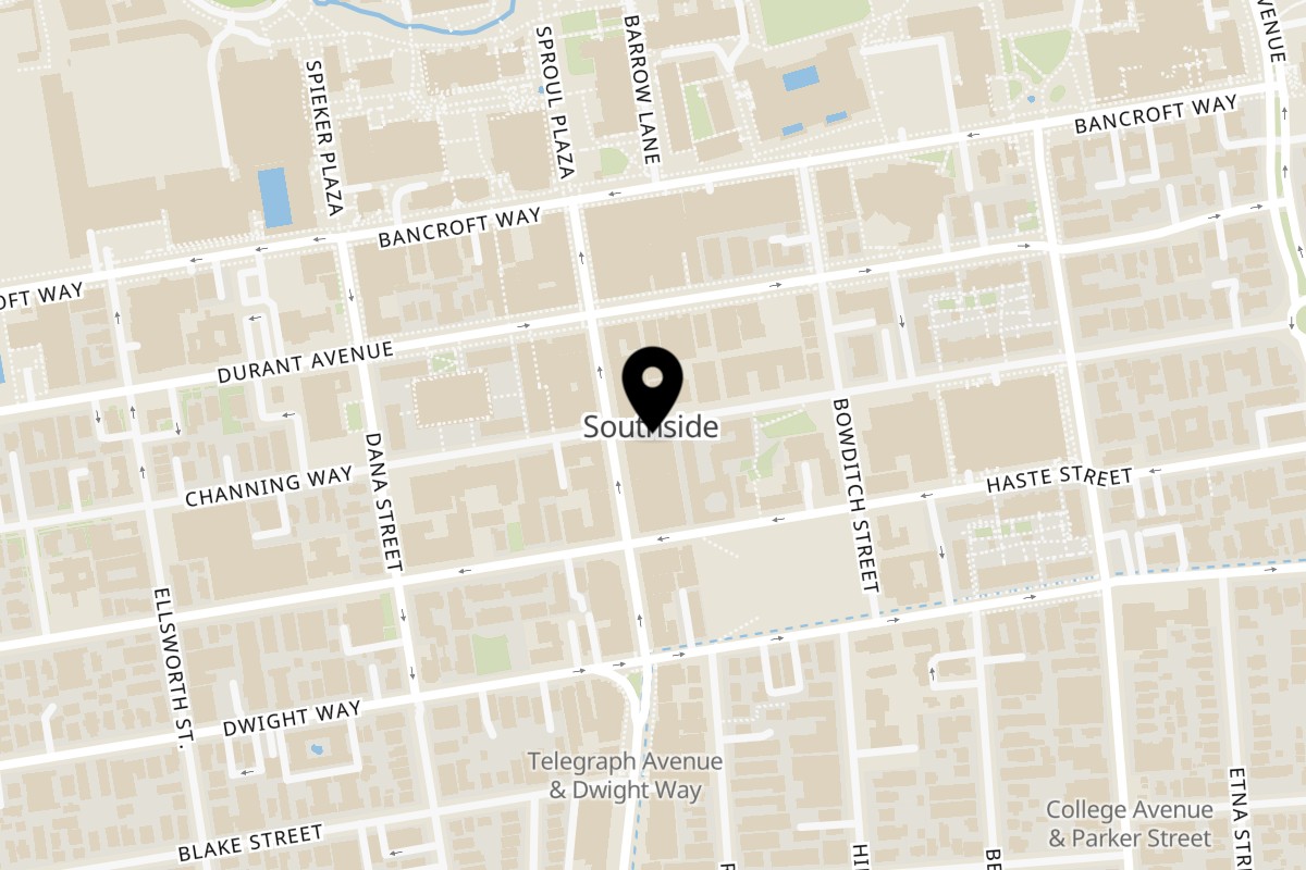 Map showing the location of Campus Burgers Berkeley on 2506 Channing Way in Berkeley